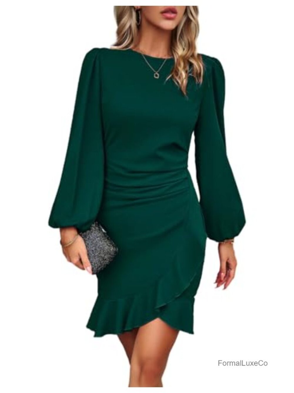 Ruched Bodycon Cocktail Mini Dress Long Sleeve Ruffle Hem Work Party